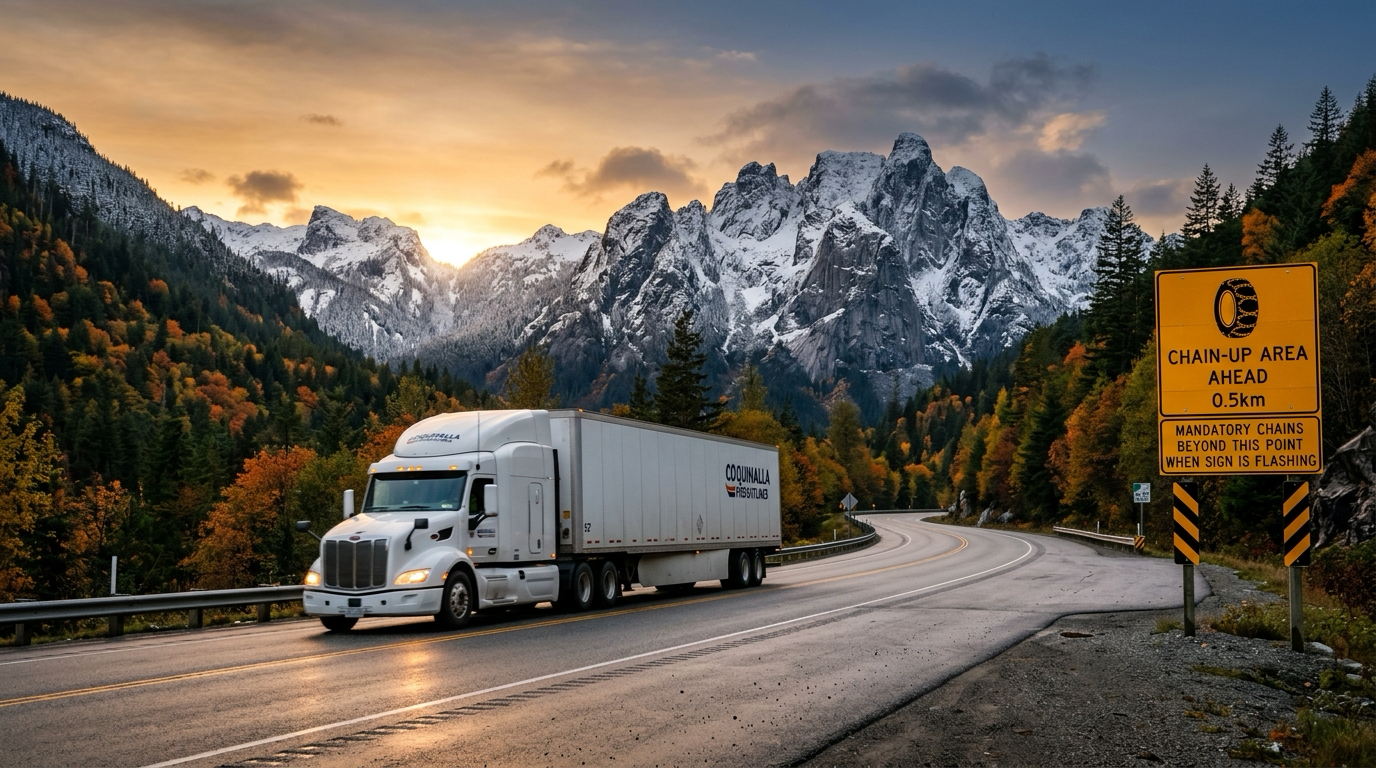 Keylink Transport mountain corridor banner: Commercial semi-truck navigating the Coquihalla Highway in autumn with snow-dusted peaks and a roadside chain-up advisory sign