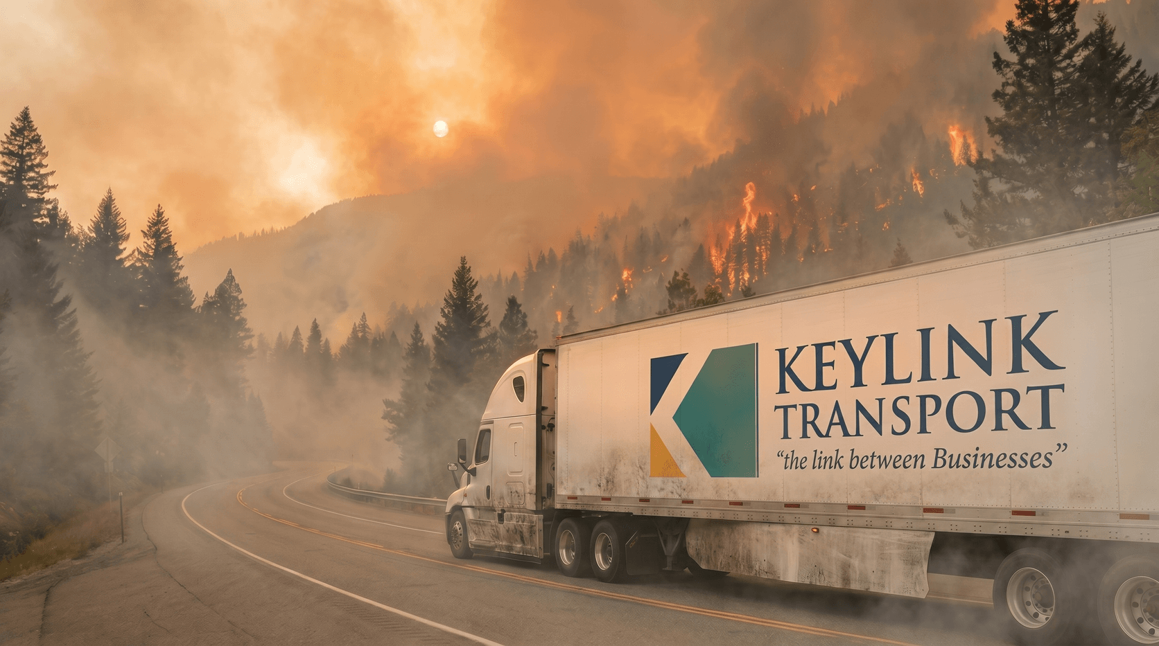 Keylink Transport graphic: BC wildfire smoke over a mountain highway and what the 2026 fire season means for freight corridors