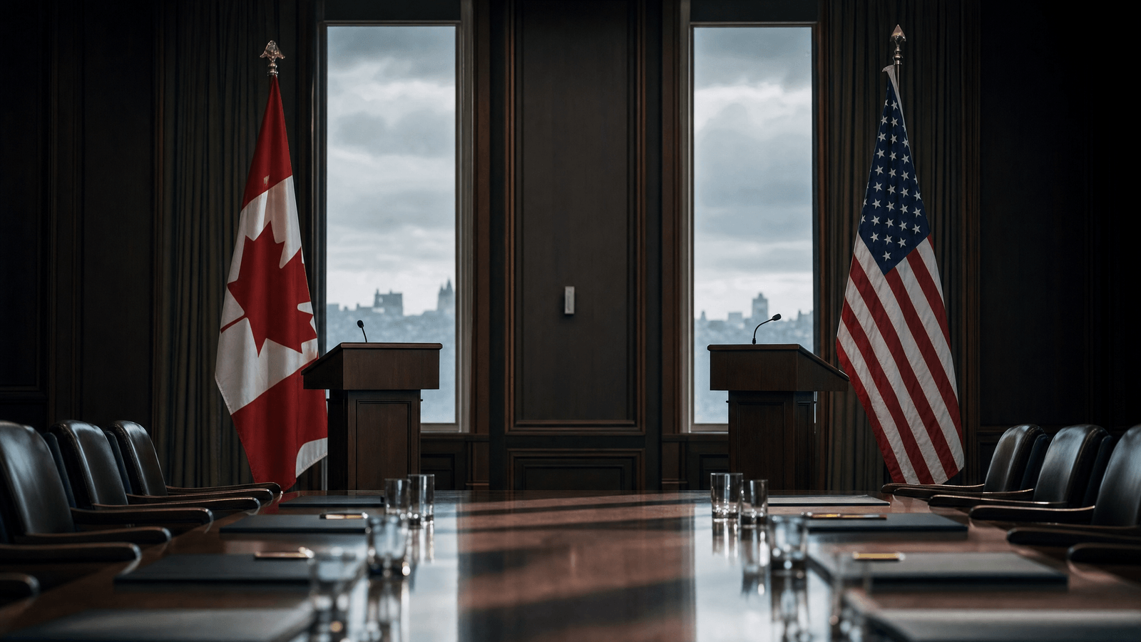 Two empty speaking lecterns face each other across a boardroom table, a Canadian flag behind one and a United States flag behind the other, chairs pushed back and papers left on the table
