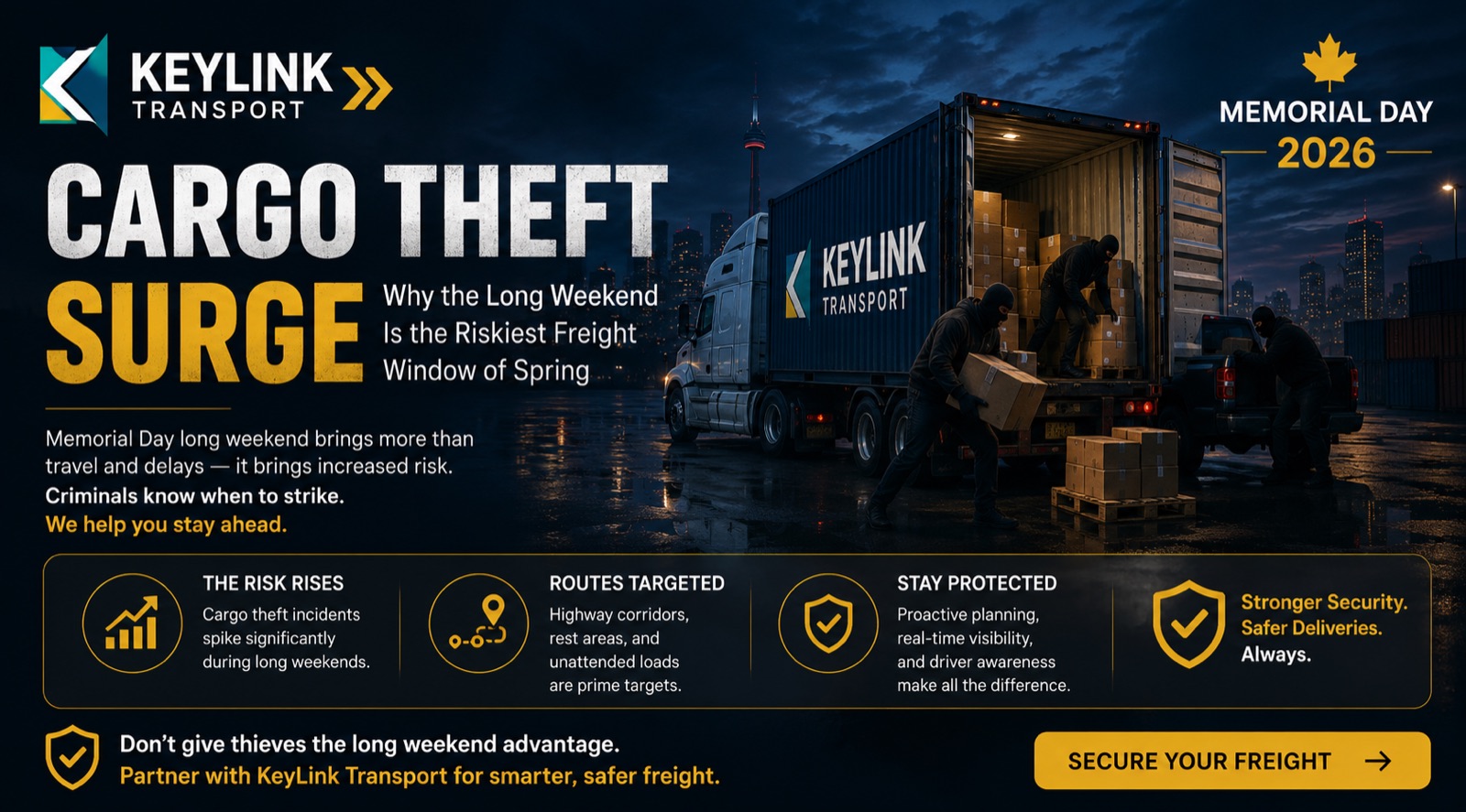 Keylink Transport Memorial Day 2026 Cargo Theft Surge banner showing a Keylink trailer being raided at night with the Toronto skyline behind