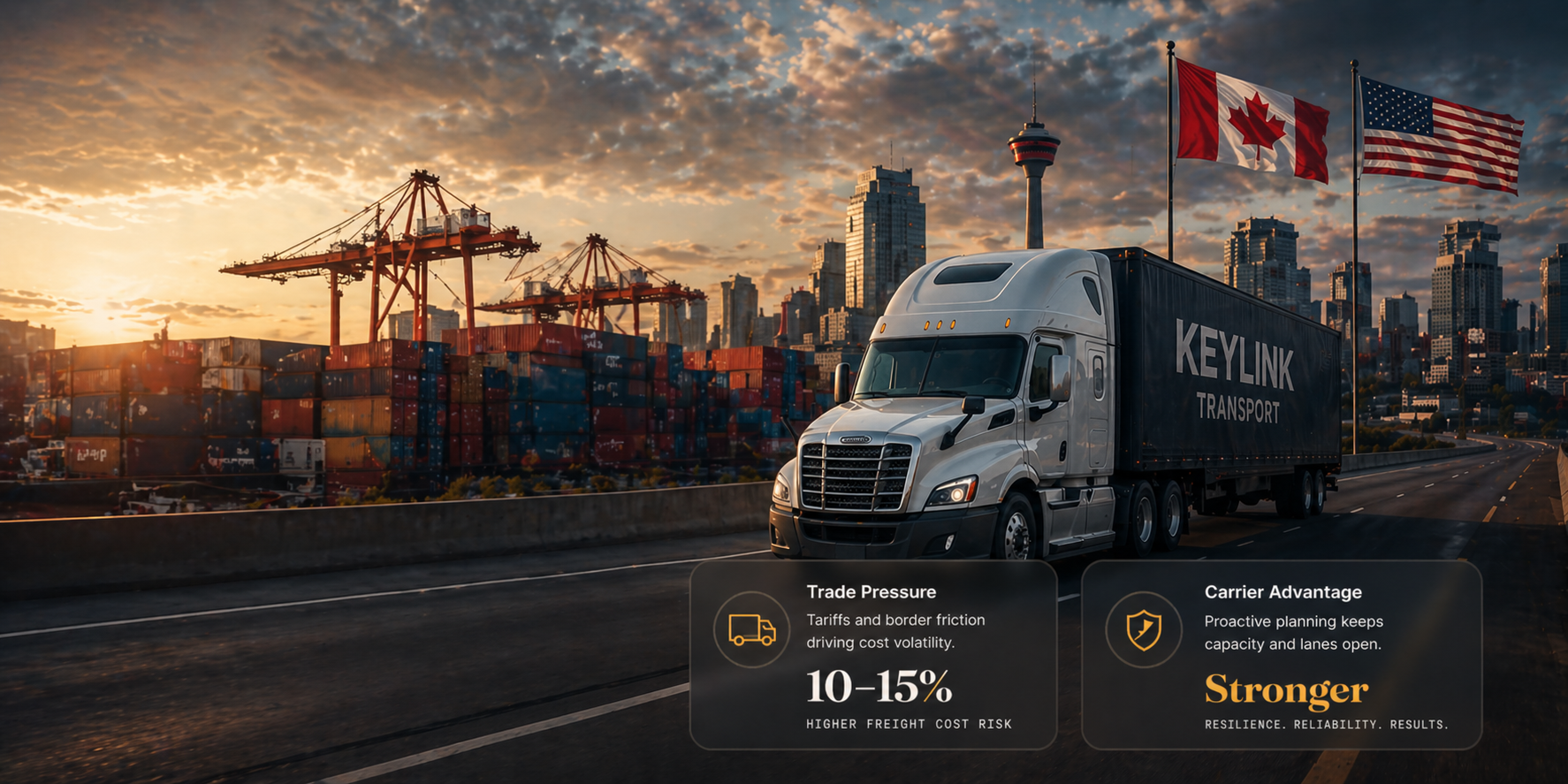 Keylink Transport semi-truck against the Calgary skyline with Canadian and US flags representing the BC-Alberta freight corridor