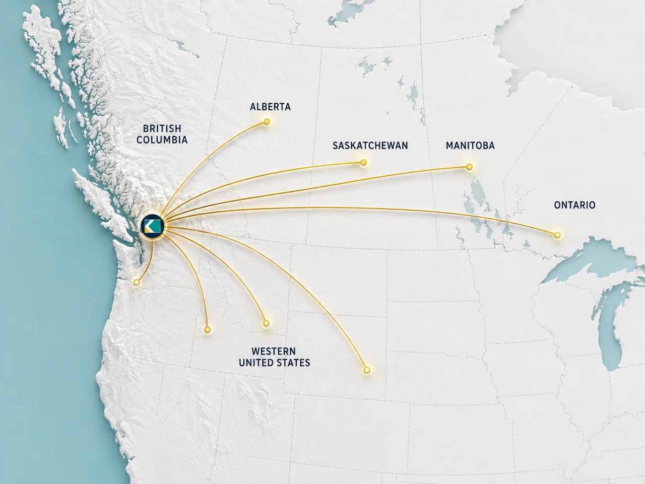 Map of Keylink Transport freight corridors from Abbotsford, BC to British Columbia, Alberta, Saskatchewan, Manitoba, Ontario, and the western United States