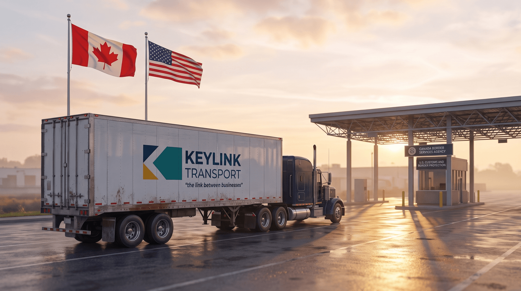 Keylink Transport truck at a Canada-US border crossing with Canadian and American flags, representing the 2026 CUSMA review