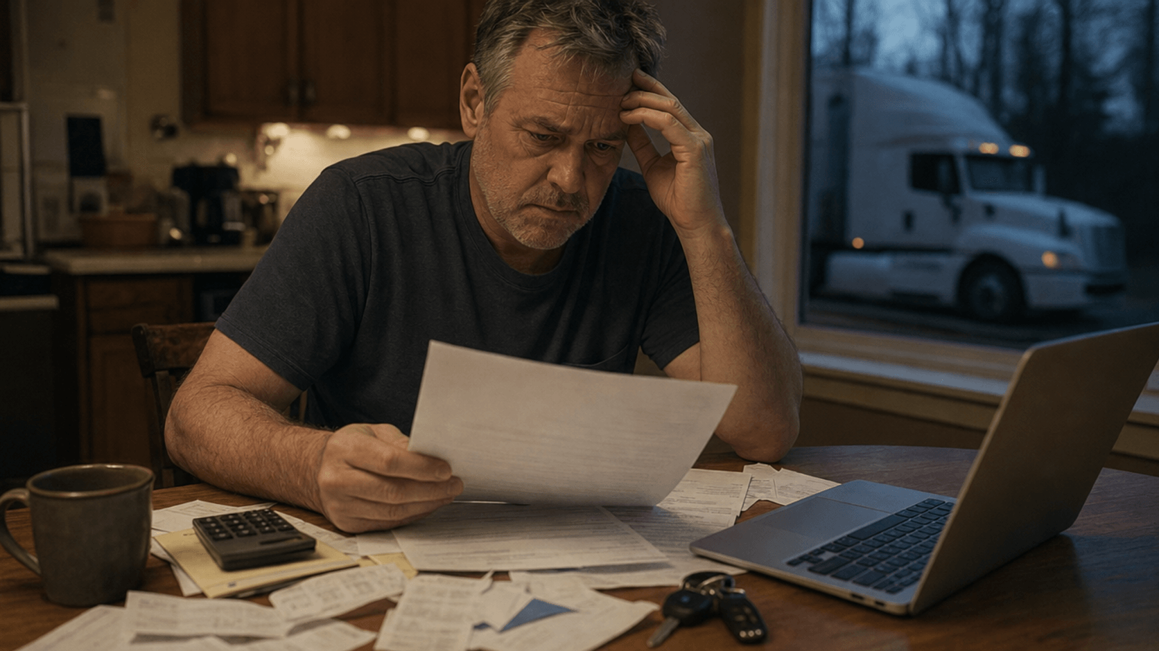 A worried truck owner-operator reads a government letter at his kitchen table at night, surrounded by tax paperwork and a calculator, his semi truck visible through the window