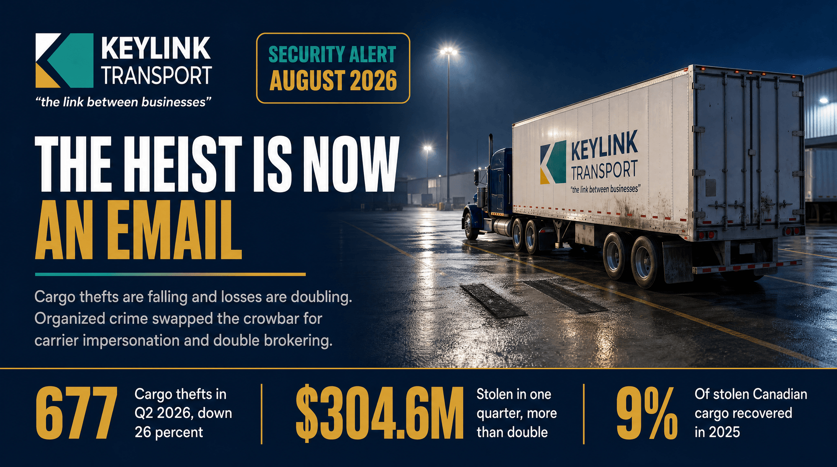 Keylink Transport security alert banner: The Heist Is Now an Email, with Q2 2026 figures for cargo thefts, losses, and Canadian recovery rates