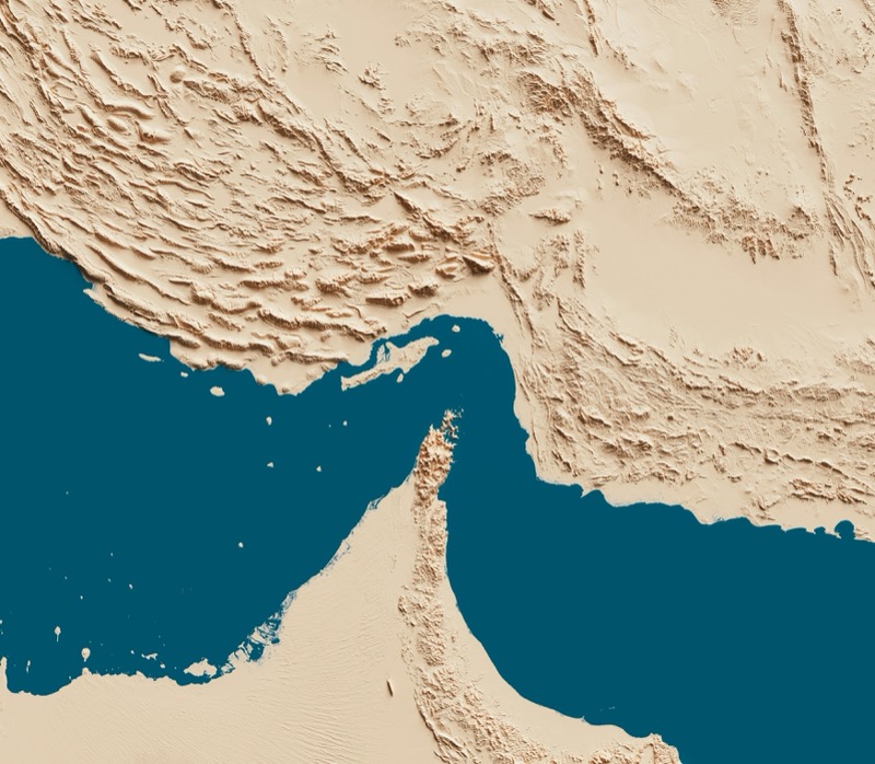 Topographic map of the Strait of Hormuz between Iran and Oman