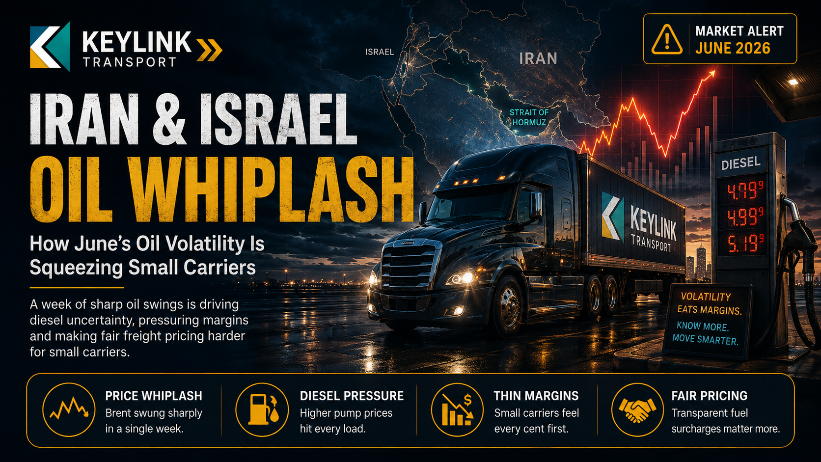 Keylink Transport market alert graphic on the Iran-Israel oil whiplash and June 2026 diesel volatility squeezing small carriers