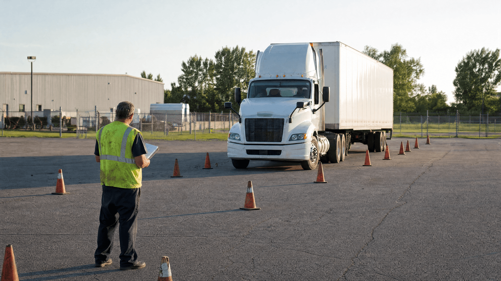 A student truck driver reverses a tractor-trailer between traffic cones at a training yard while an instructor in a hi-vis vest observes with a clipboard