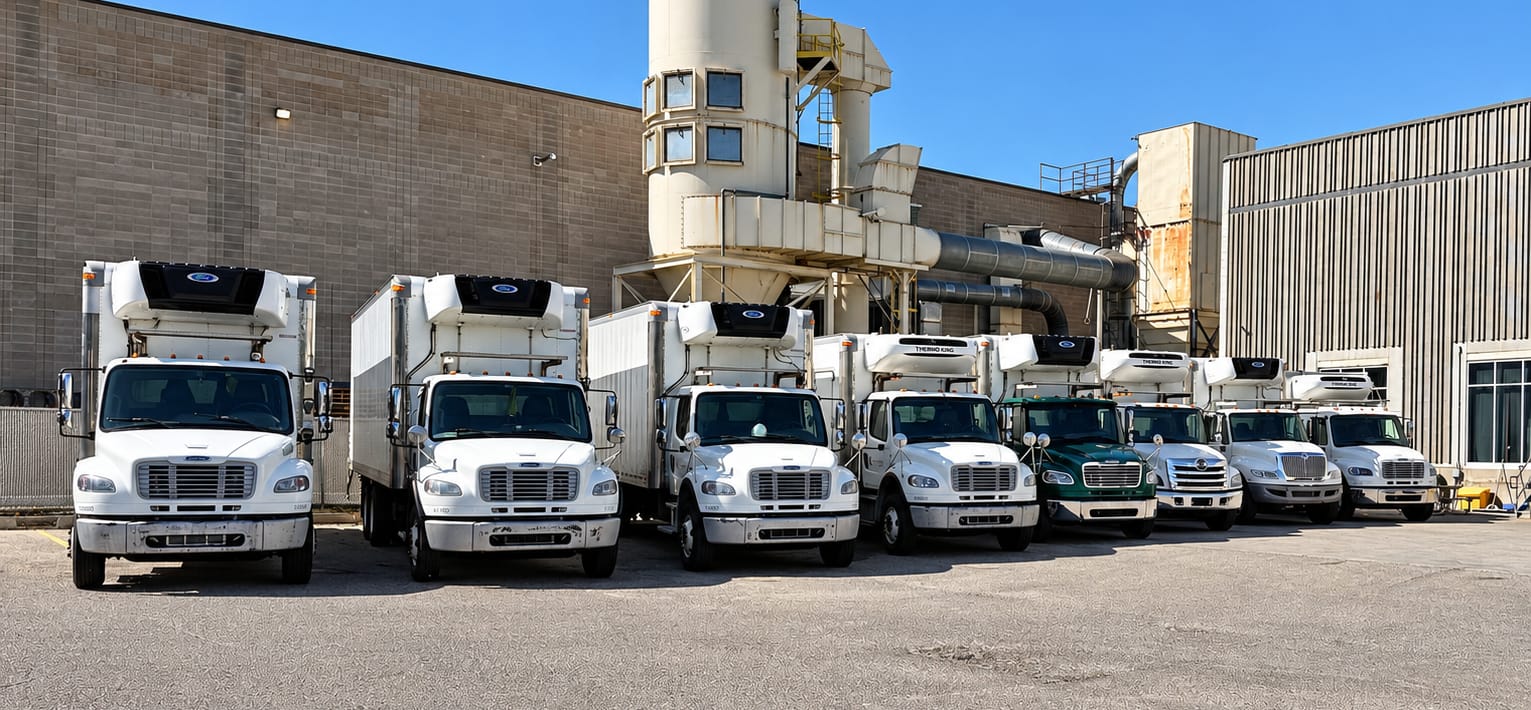Cangaroo Cartage reefer straight trucks parked front-on outside an industrial building