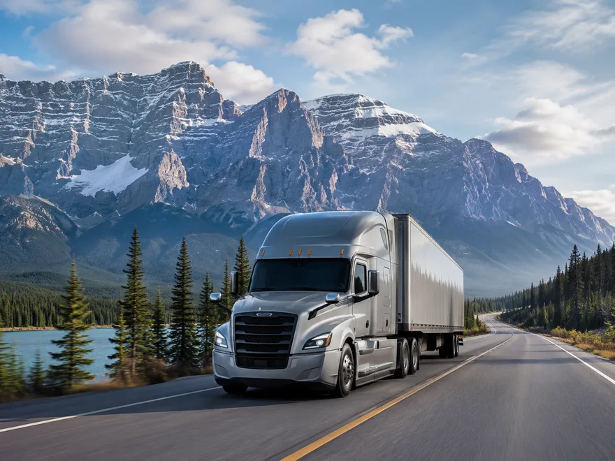 Truck on a mountain highway through the Rockies, representing Keylink Transport's Vancouver to Alberta freight corridor