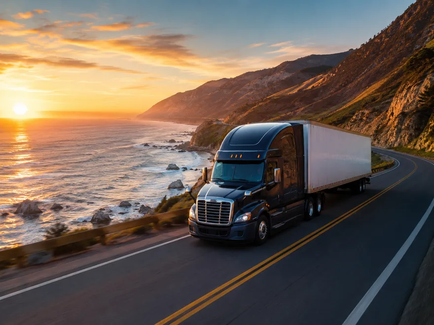 Truck on the Pacific coast highway, representing Keylink Transport's Vancouver to California freight corridor