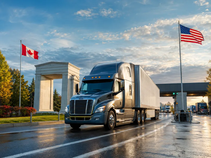 Truck at the Peace Arch Canada-USA border crossing, representing Keylink Transport's Vancouver to Seattle freight corridor
