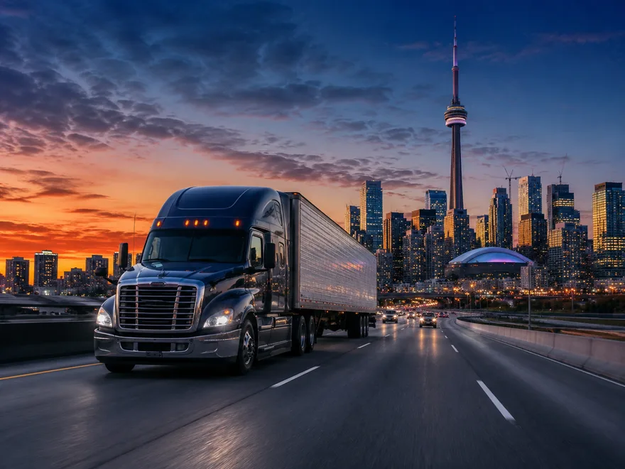 Truck on the highway with the Toronto skyline at dusk, representing Keylink Transport's Vancouver to Toronto freight corridor