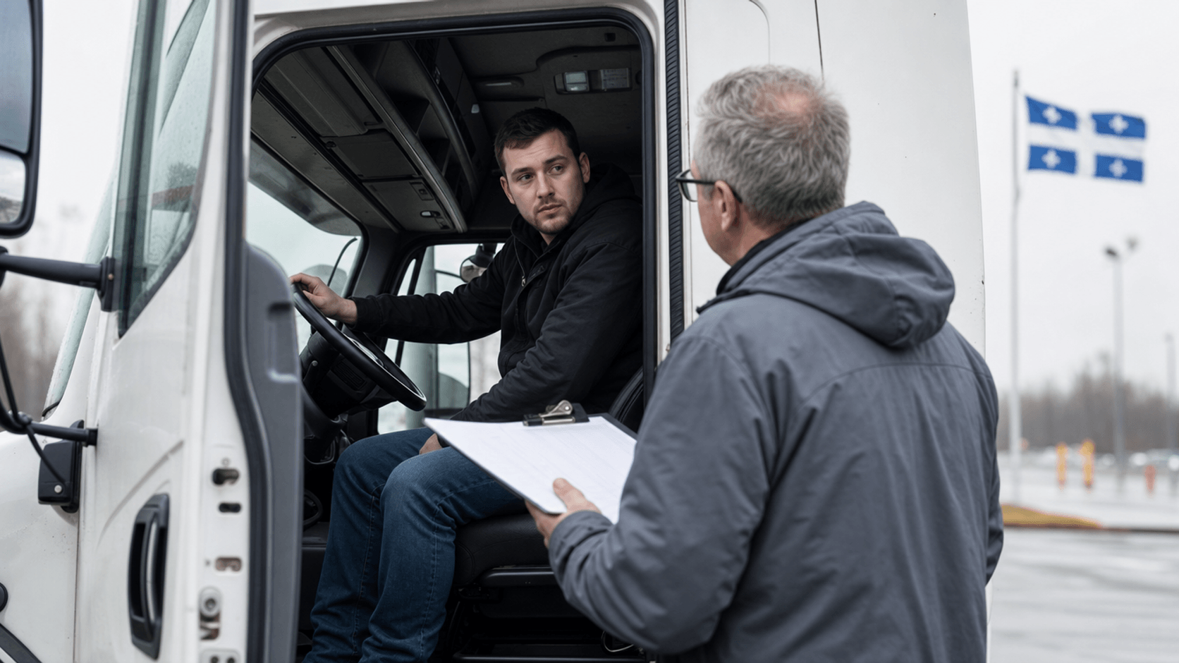 A government driving examiner with a clipboard talks to a young truck driver seated in a white semi cab at a Quebec licensing test centre, with the Quebec flag in the background