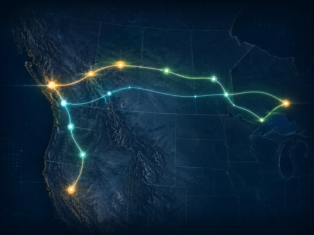 Illuminated map of Keylink Transport freight corridors across western Canada and the USA