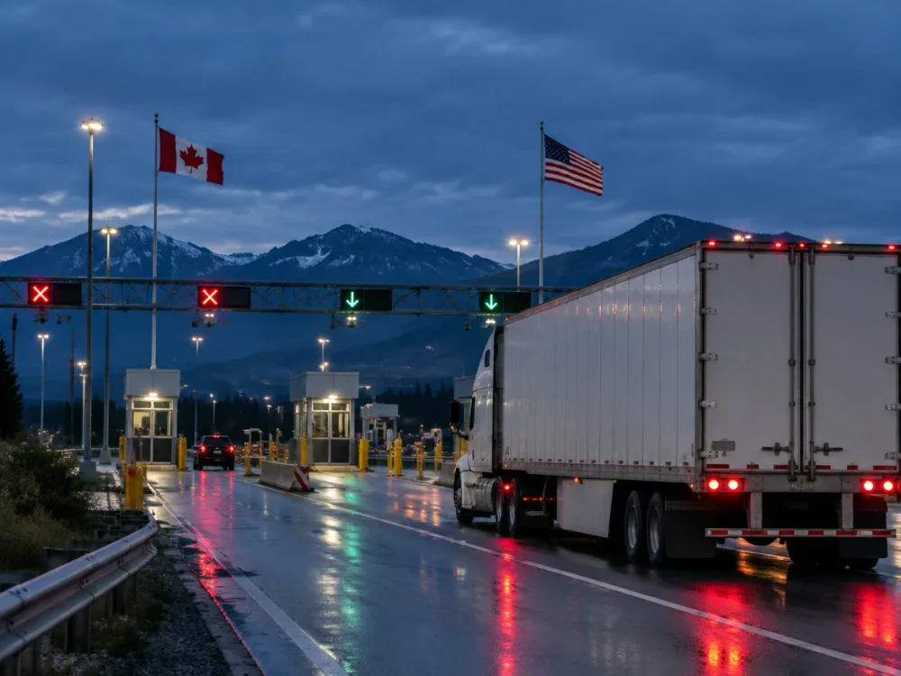 Keylink Transport tractor-trailer at a Canada to USA border crossing at dusk