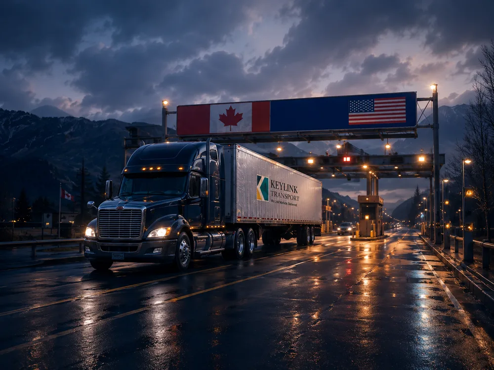 Keylink Transport tractor-trailer at a Canada to USA border crossing at dusk