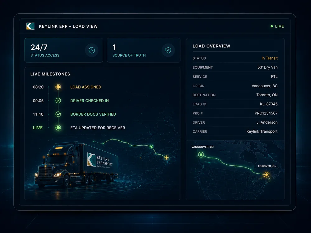 Keylink in-house ERP load view dashboard showing live shipment milestones and route