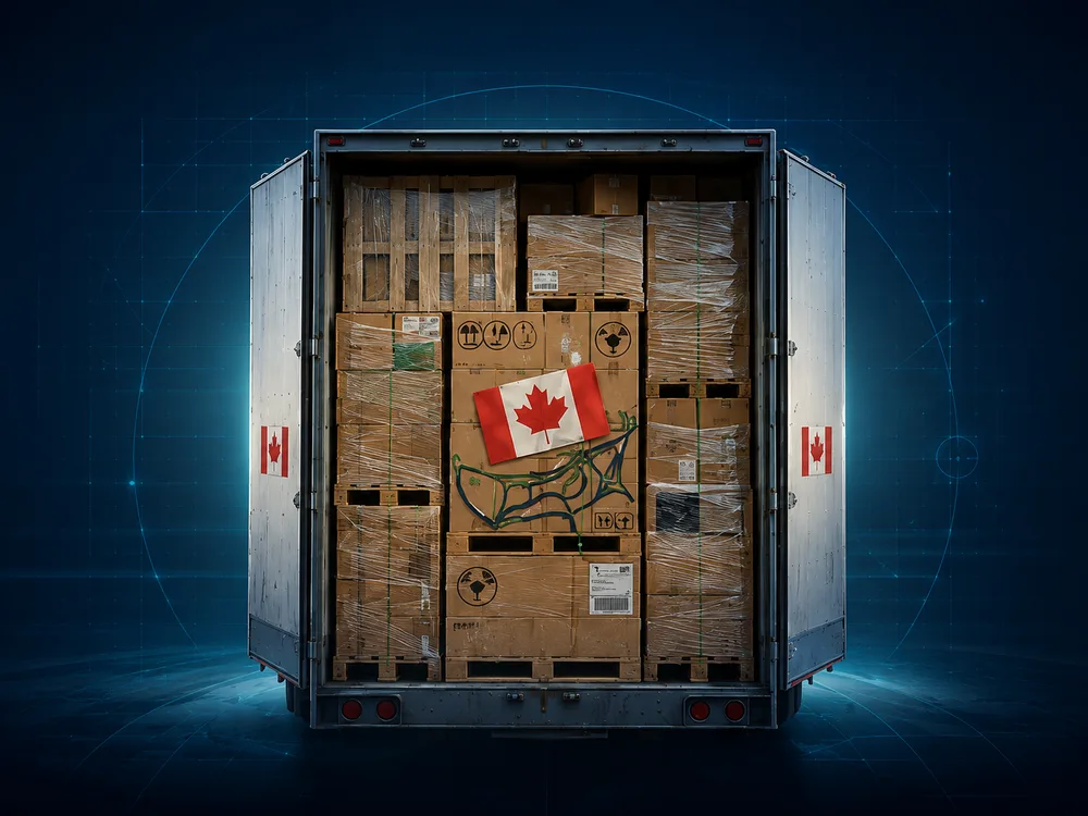 Loaded 53-foot dry van trailer with palletized Canadian freight